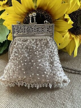 Vintage Beaded Evening Bag Purse with Seed Pearls/Sequins and Chain Strap